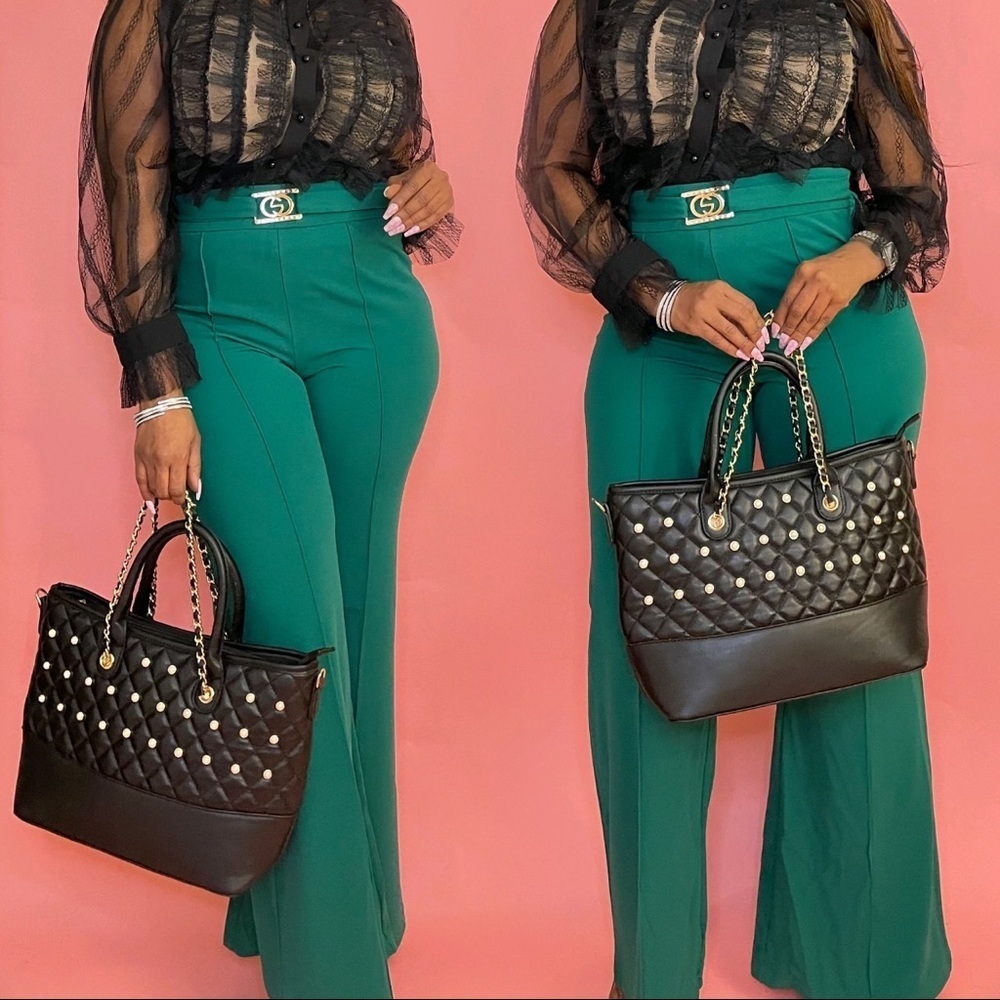 NEW FALL WOMEN’S KELLY GREEN RHINESTONE BUCKLE FLARE WIDE LEG TROUSER PANTS